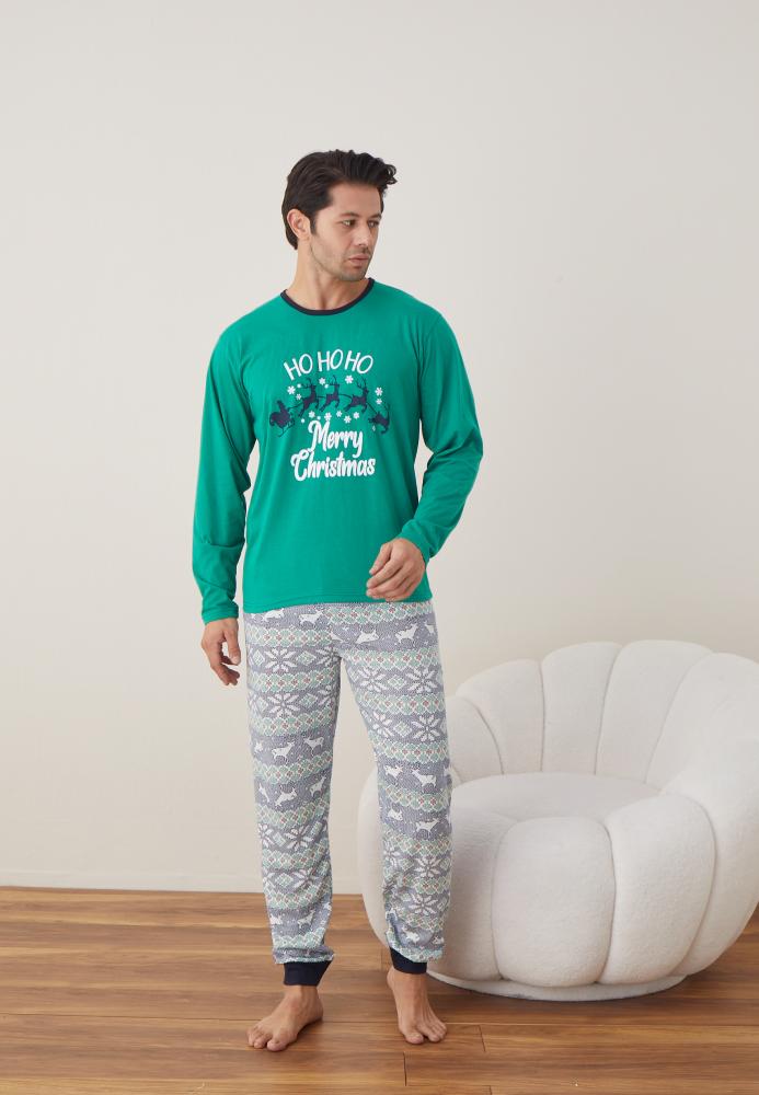 Pijama barbati Craciun "HO HO " maneca lunga ,pantaloni lungi,Culoare Verde, Engros